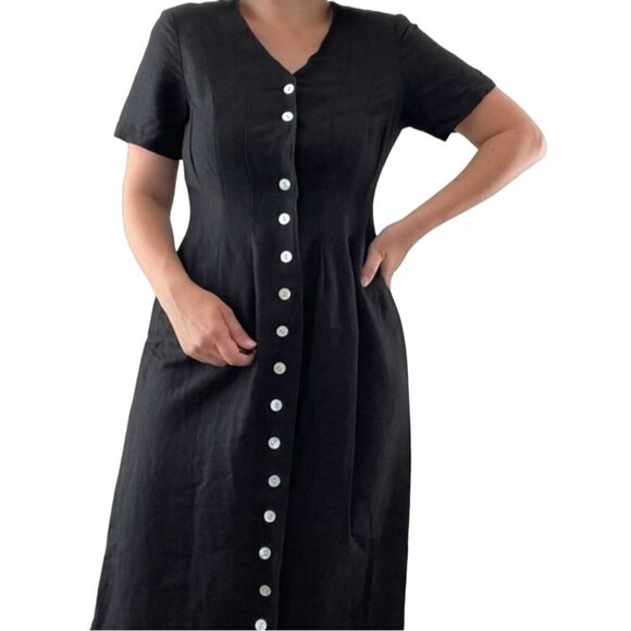 Orvis Black Linen Button Front V Neck Maxi Dress Size 16p - Picture 2 of 7